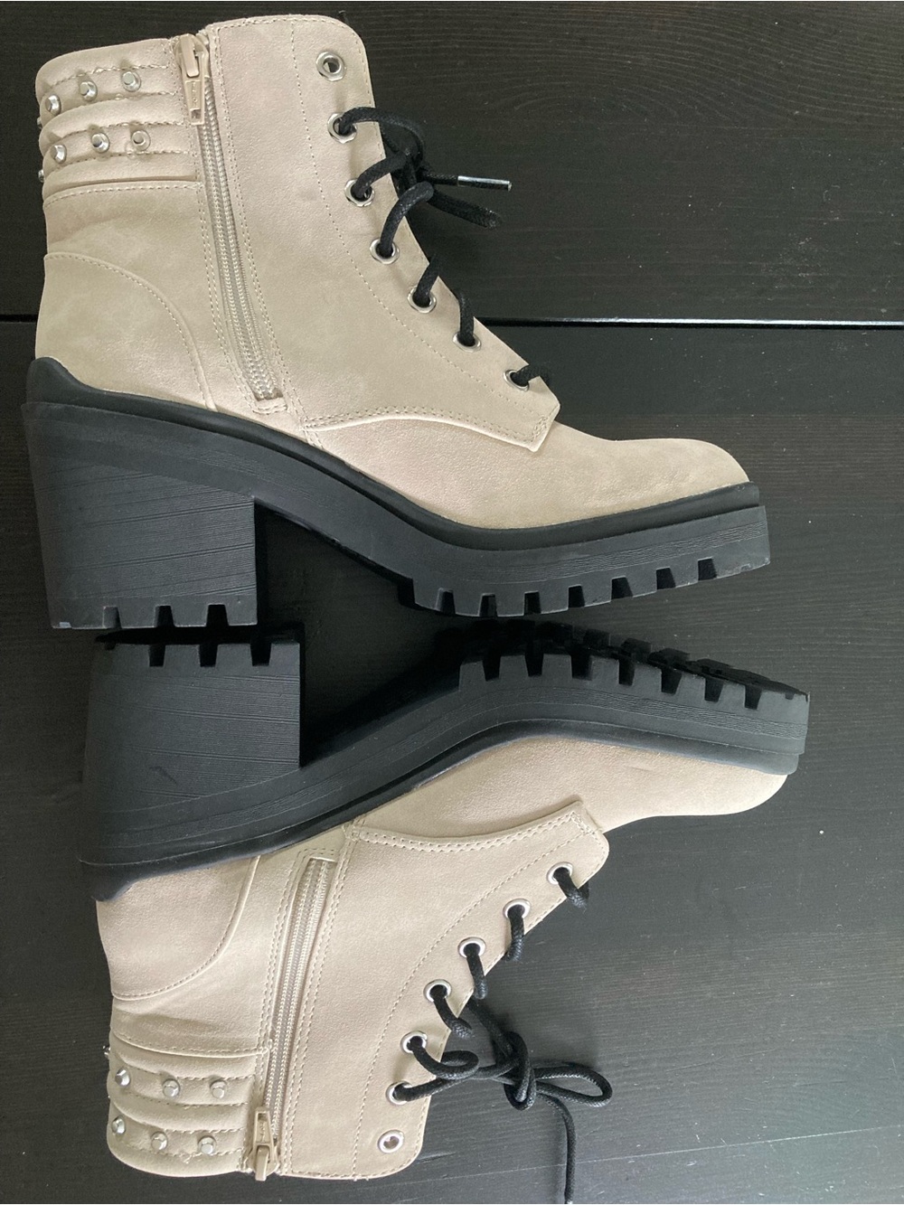 NOBO Taupe Lace-Up Chunky Lug Heel Ankle Boots